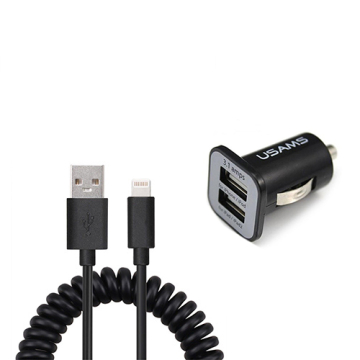 Duo USB autolader met gekrulde Lightning kabel