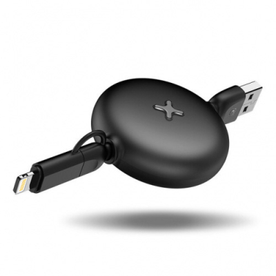 Lightning & micro USB kabel oprolbaar zwart