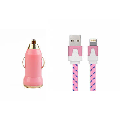 USB autolader en roze Lightning kabel 1 meter